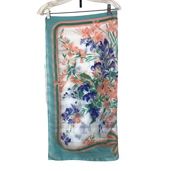 Floral Coquette Scarf Blue Peach 30" Square Striped Bow Retro Italy Vintage - Picture 6 of 10